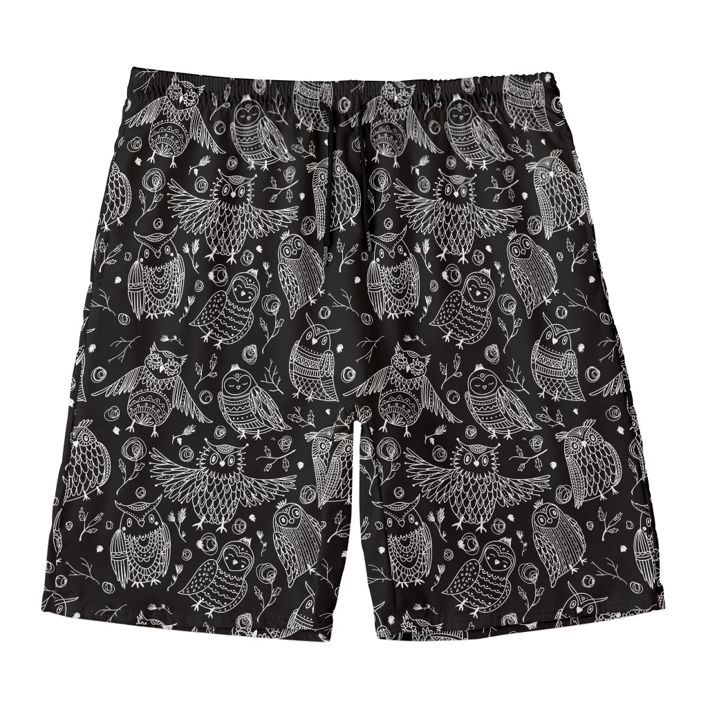 Black And White Owl Pattern Print Men's Swim Trunks