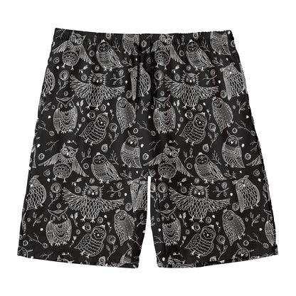 Black And White Owl Pattern Print Men's Swim Trunks
