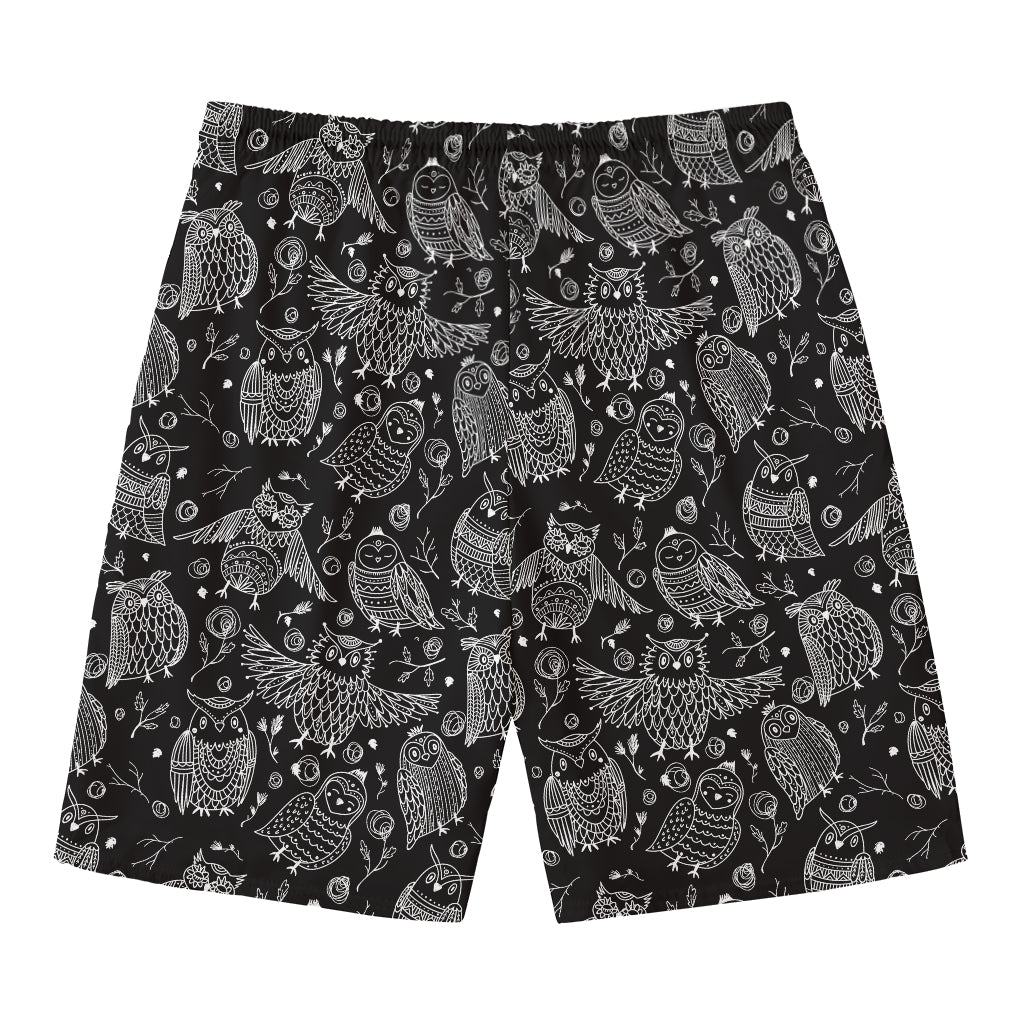 Black And White Owl Pattern Print Men's Swim Trunks