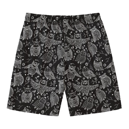 Black And White Owl Pattern Print Men's Swim Trunks