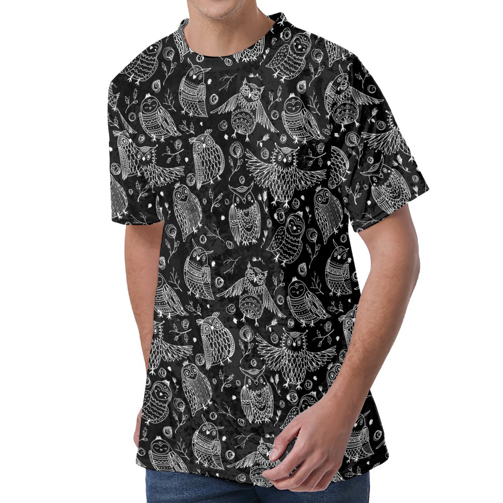 Black And White Owl Pattern Print Men's Velvet T-Shirt