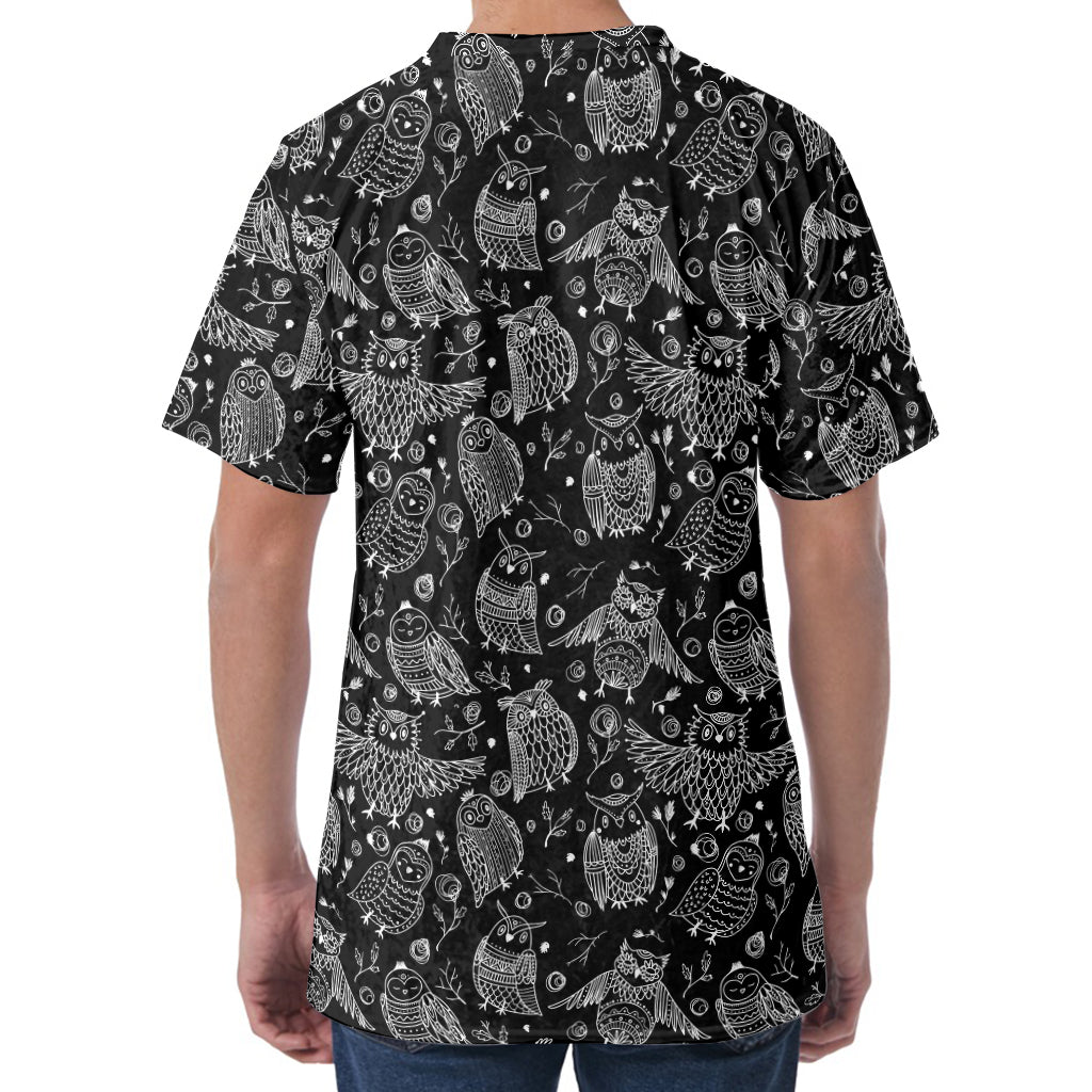 Black And White Owl Pattern Print Men's Velvet T-Shirt