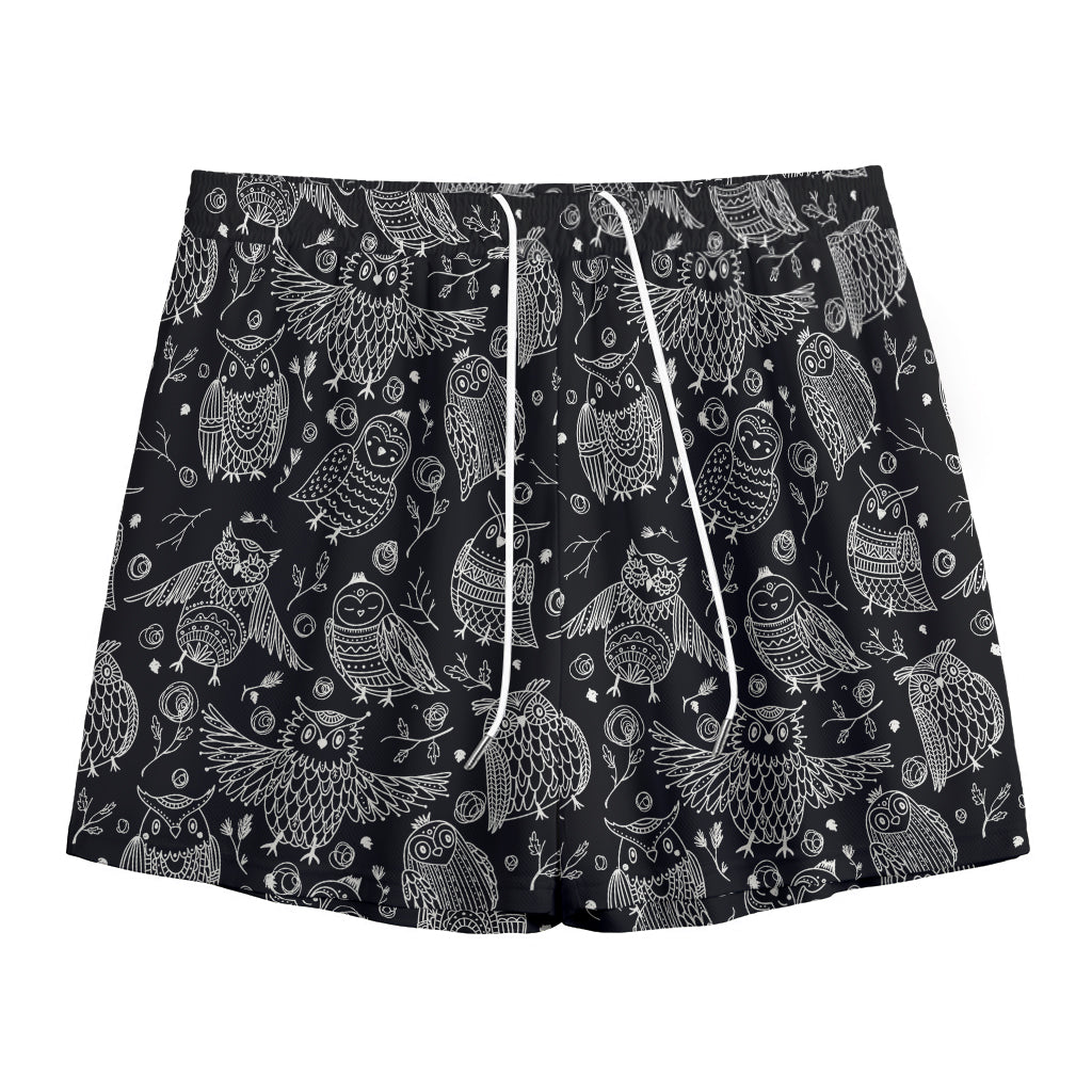 Black And White Owl Pattern Print Mesh Shorts