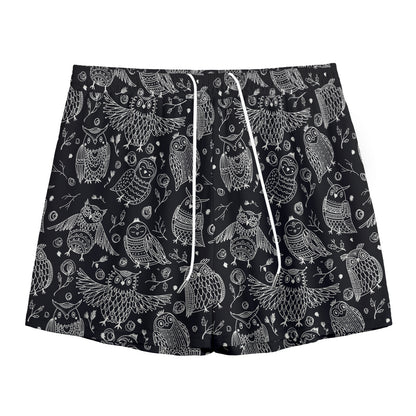 Black And White Owl Pattern Print Mesh Shorts