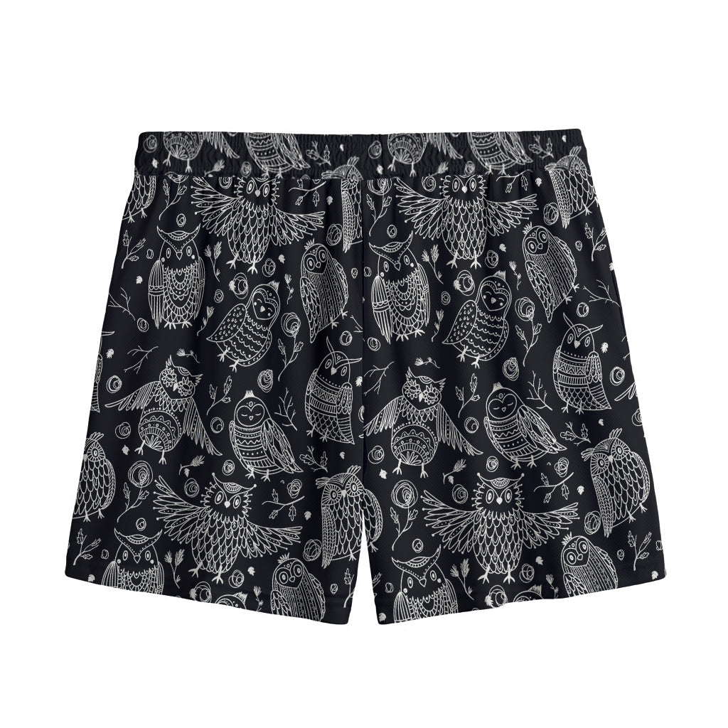 Black And White Owl Pattern Print Mesh Shorts