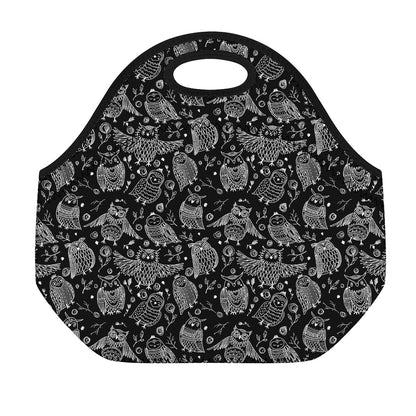 Black And White Owl Pattern Print Neoprene Lunch Bag
