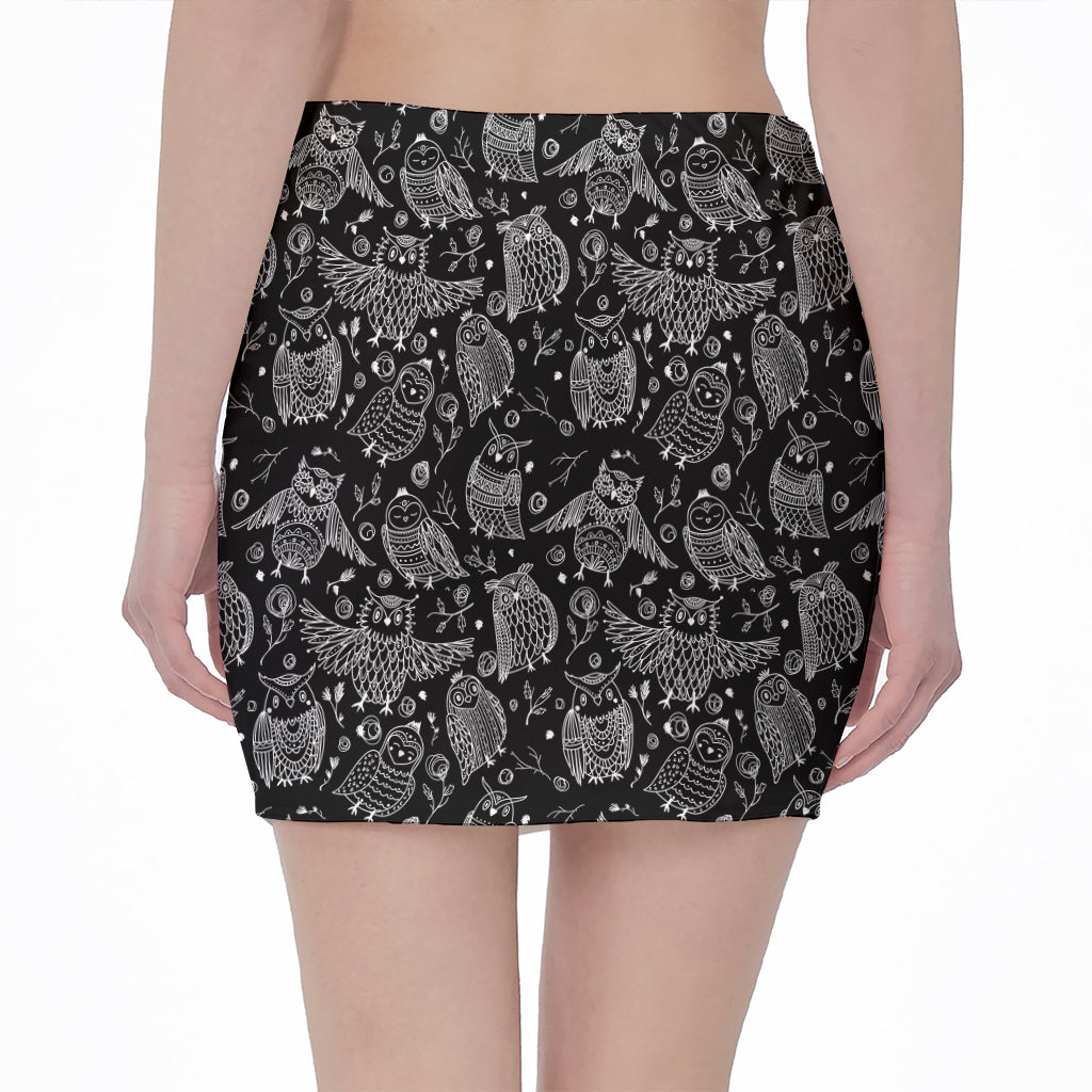 Black And White Owl Pattern Print Pencil Mini Skirt