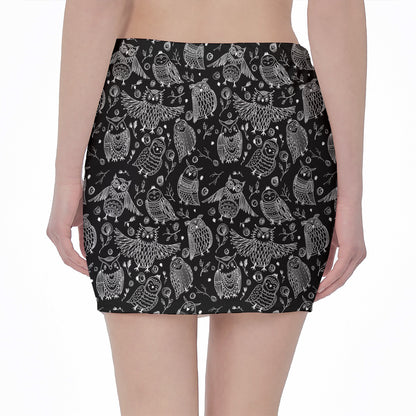 Black And White Owl Pattern Print Pencil Mini Skirt