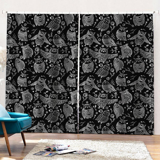 Black And White Owl Pattern Print Pencil Pleat Curtains