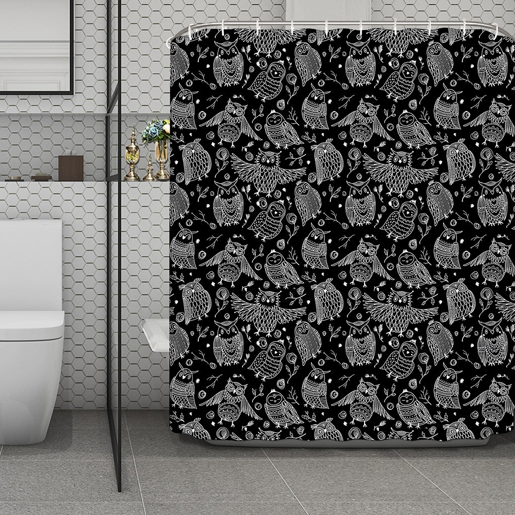 Black And White Owl Pattern Print Polyester Shower Curtain