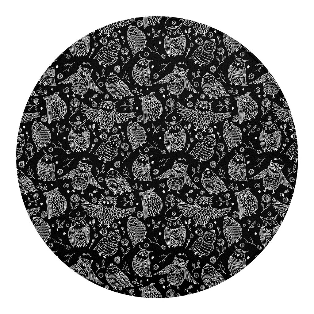 Black And White Owl Pattern Print Round Blanket