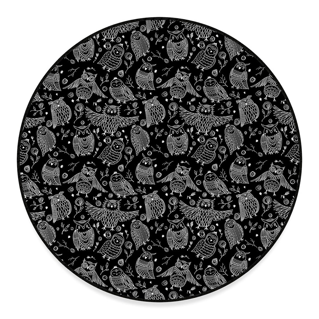 Black And White Owl Pattern Print Round Floor Mat