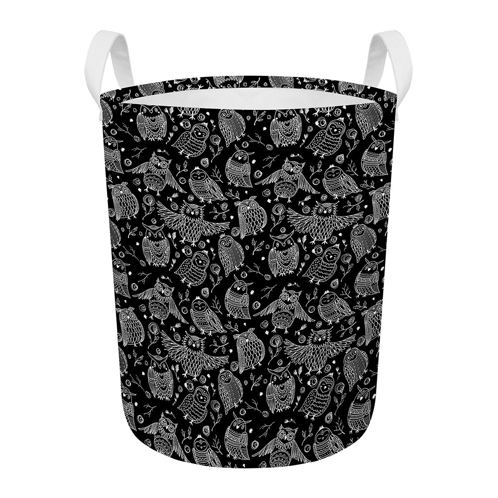 Black And White Owl Pattern Print Round Laundry Basket