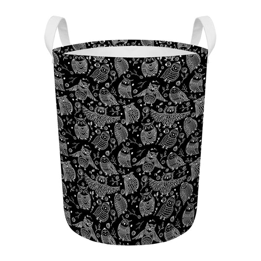 Black And White Owl Pattern Print Round Laundry Basket