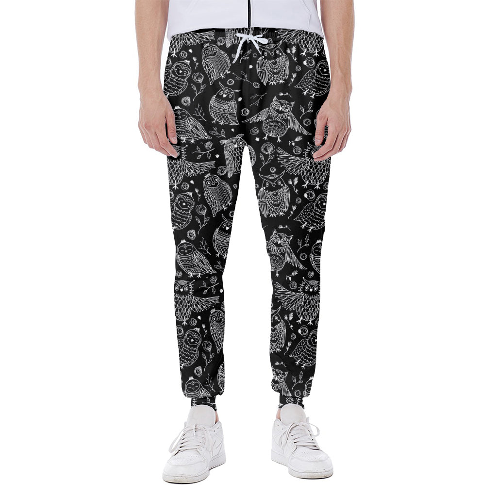 Black And White Owl Pattern Print Scuba Joggers