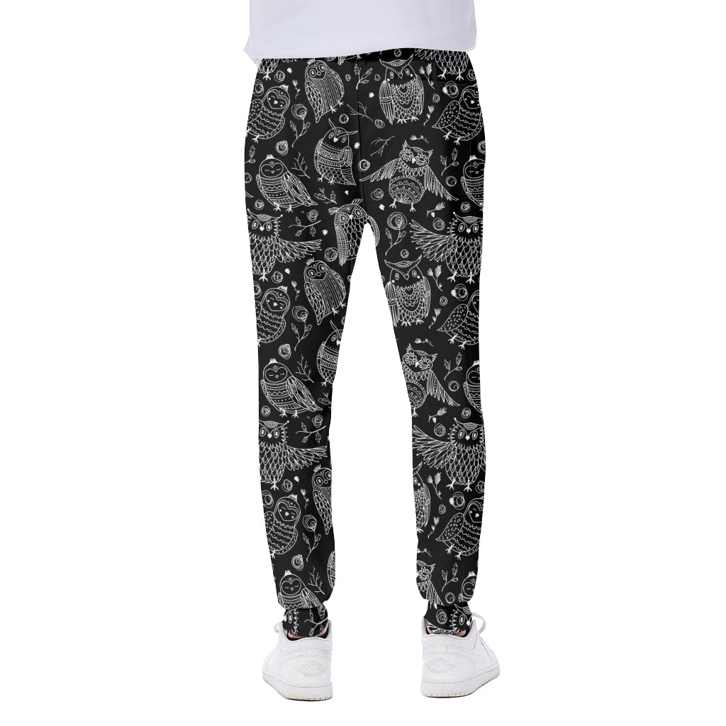 Black And White Owl Pattern Print Scuba Joggers