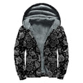 Black And White Owl Pattern Print Sherpa Lined Zip Up Hoodie