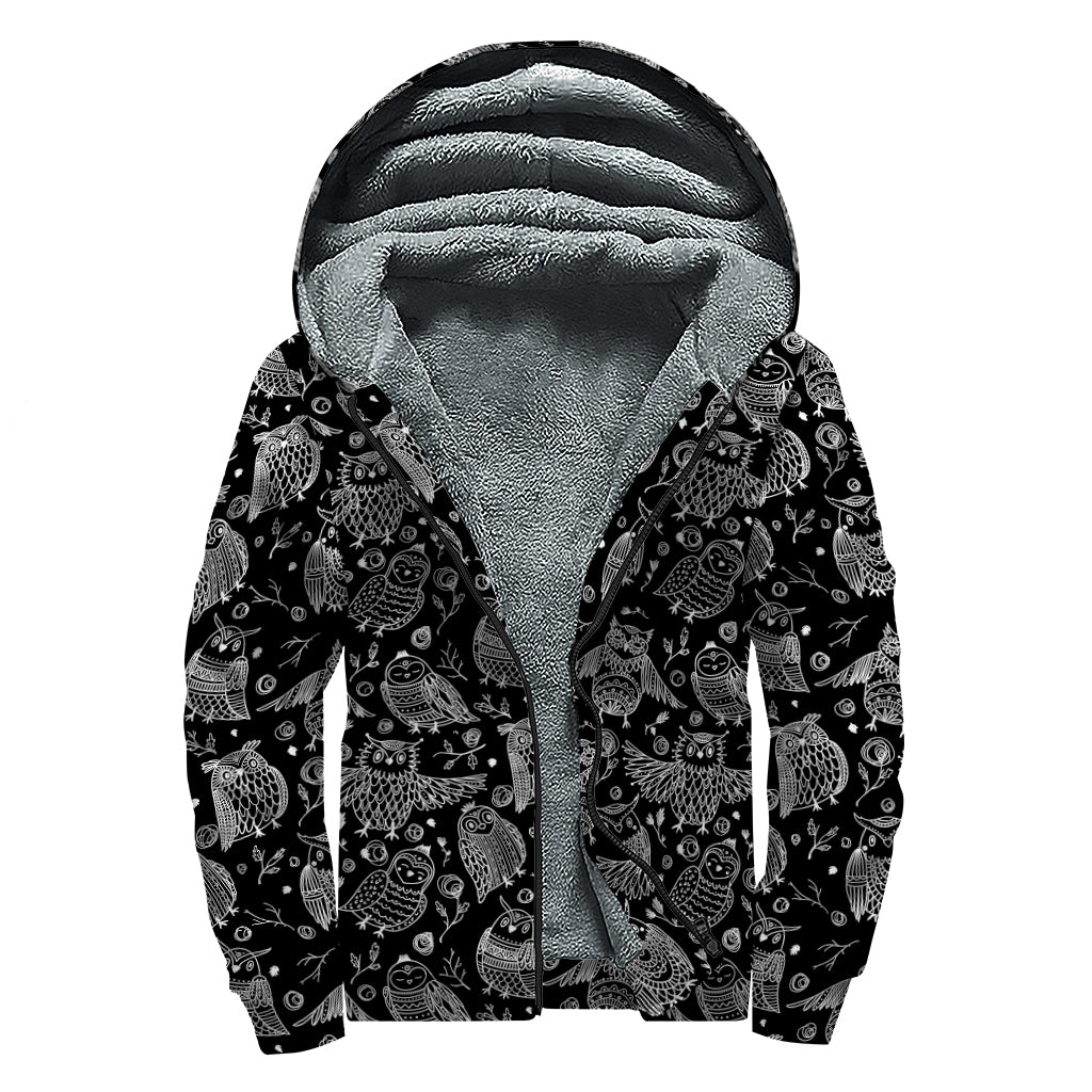 Black And White Owl Pattern Print Sherpa Lined Zip Up Hoodie