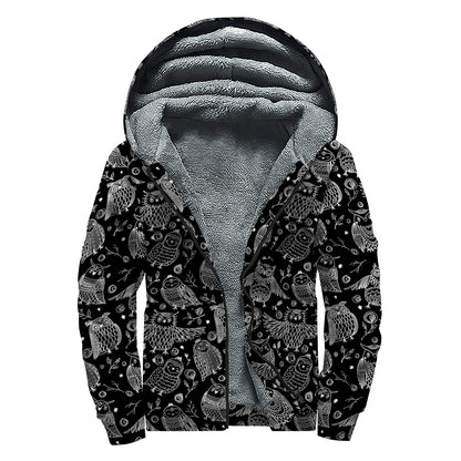 Black And White Owl Pattern Print Sherpa Lined Zip Up Hoodie