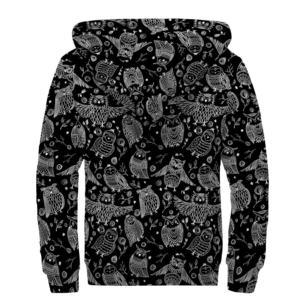 Black And White Owl Pattern Print Sherpa Lined Zip Up Hoodie