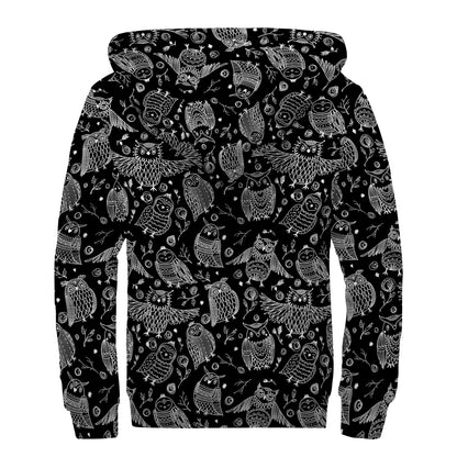 Black And White Owl Pattern Print Sherpa Lined Zip Up Hoodie