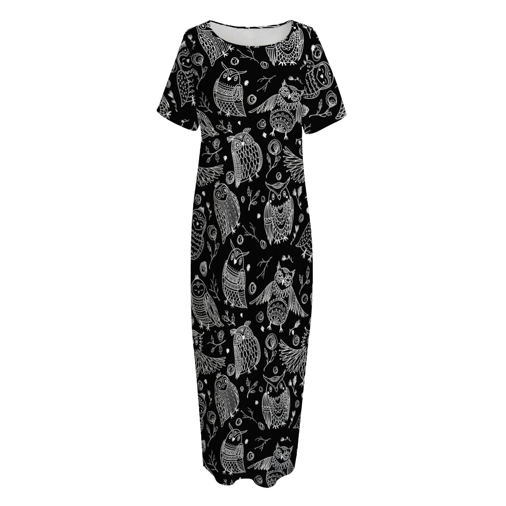 Black And White Owl Pattern Print Short Sleeve Long Nightdress