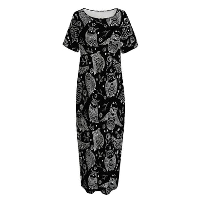 Black And White Owl Pattern Print Short Sleeve Long Nightdress
