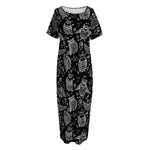 Black And White Owl Pattern Print Short Sleeve Long Nightdress