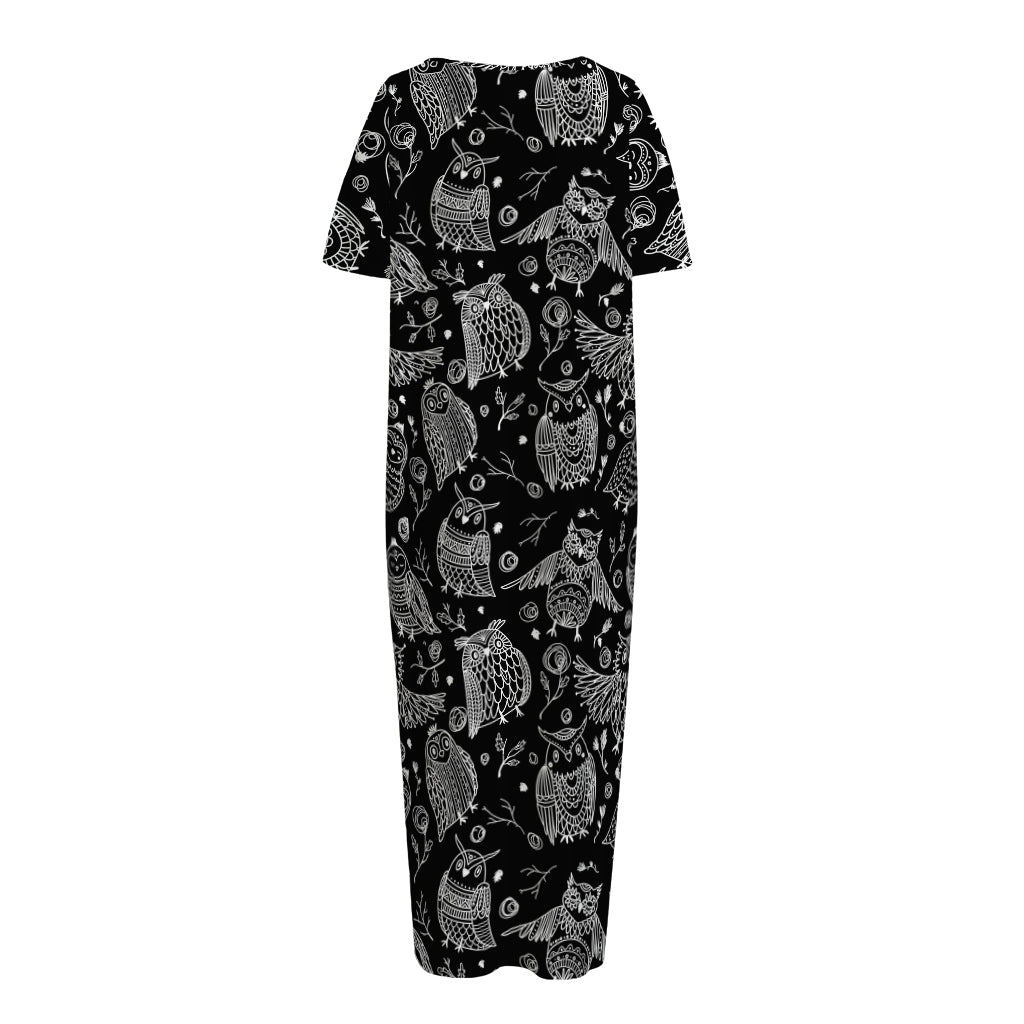 Black And White Owl Pattern Print Short Sleeve Long Nightdress