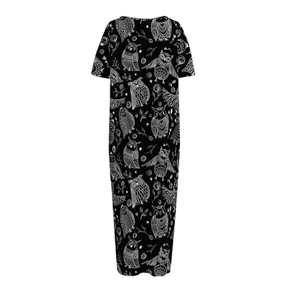 Black And White Owl Pattern Print Short Sleeve Long Nightdress