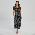 Black And White Owl Pattern Print Short Sleeve Maxi Dress