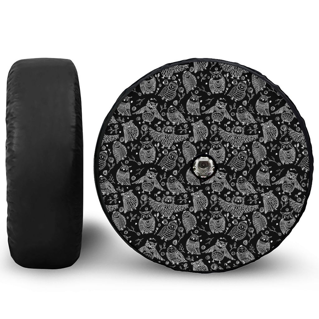 Black And White Owl Pattern Print Tire Cover With Camera Hole