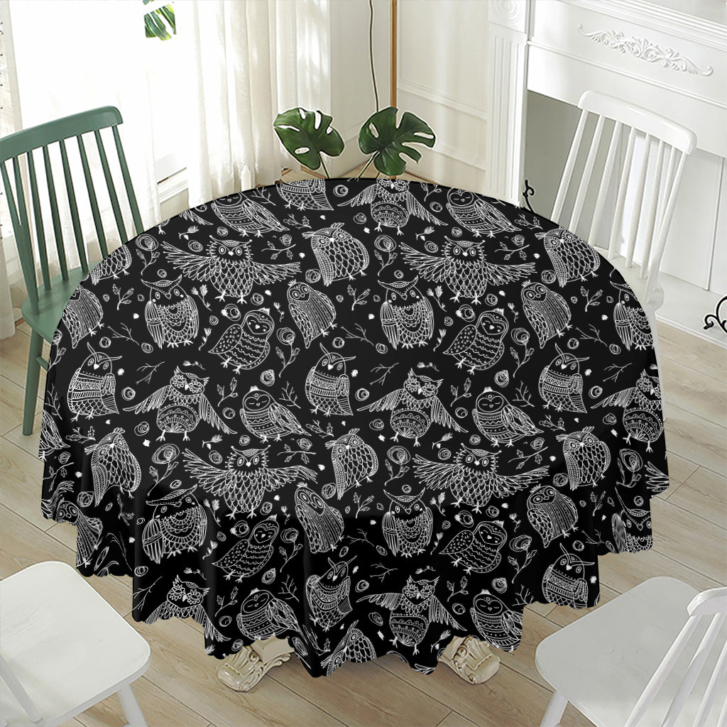 Black And White Owl Pattern Print Waterproof Round Tablecloth