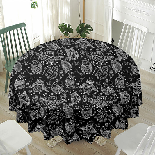 Black And White Owl Pattern Print Waterproof Round Tablecloth