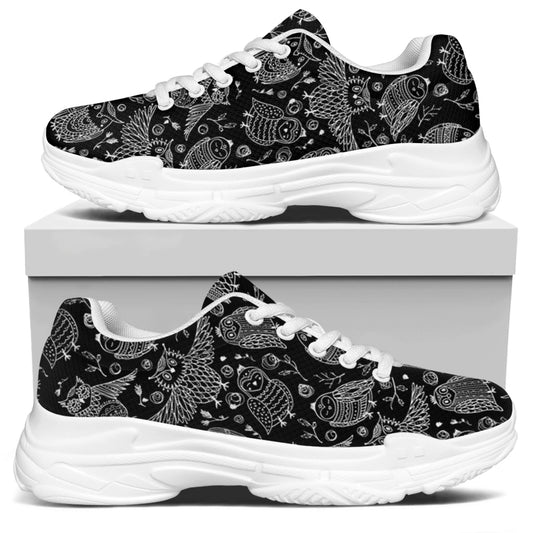 Black And White Owl Pattern Print White Chunky Shoes
