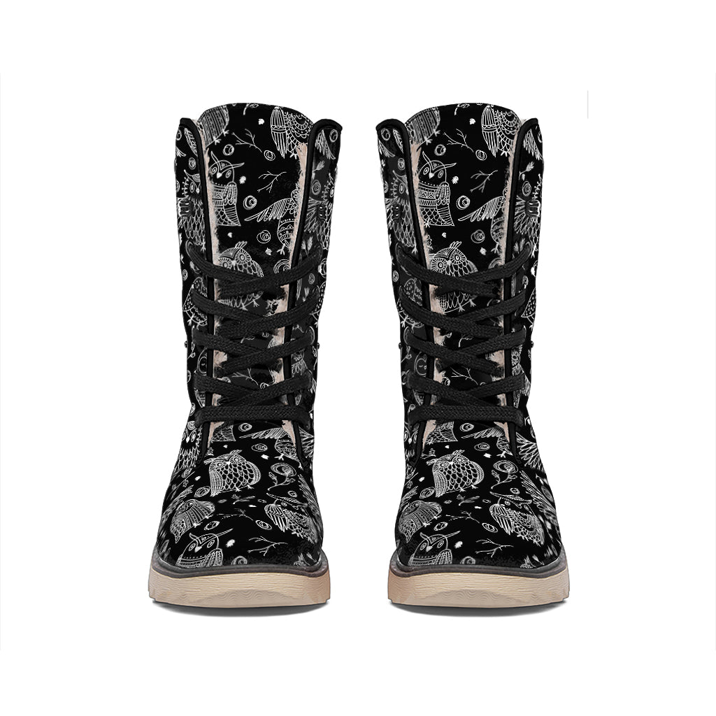 Black And White Owl Pattern Print Winter Boots