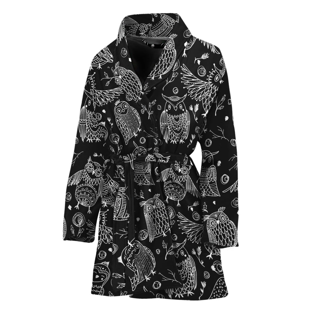 Black And White Owl Pattern Print Women's Bathrobe