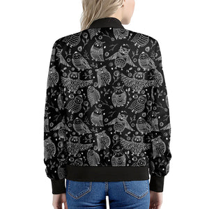 Black And White Owl Pattern Print Women's Bomber Jacket