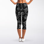 Black And White Owl Pattern Print Women's Capri Leggings