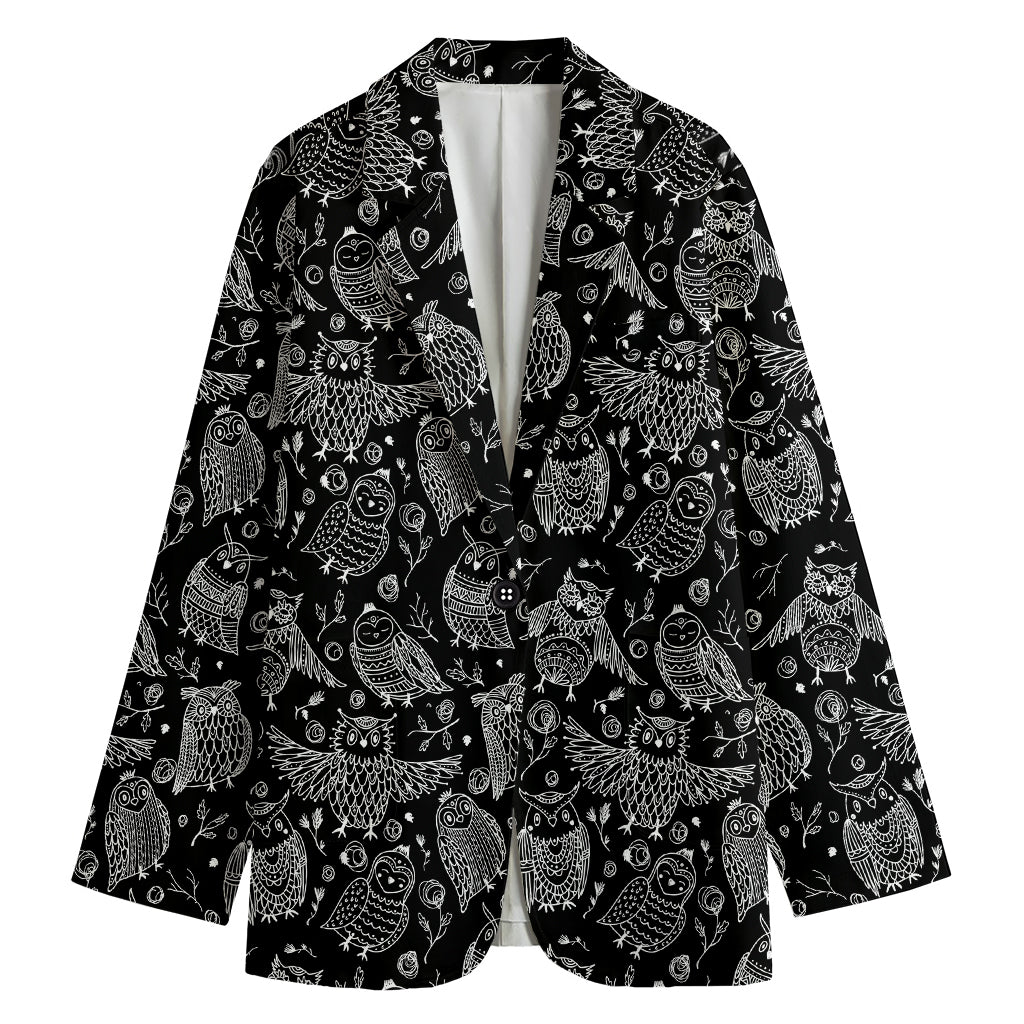 Black And White Owl Pattern Print Women's Cotton Blazer