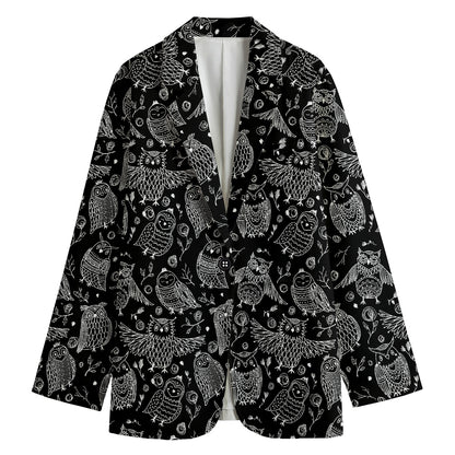 Black And White Owl Pattern Print Women's Cotton Blazer