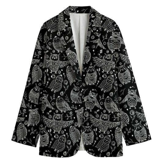 Black And White Owl Pattern Print Women's Cotton Blazer