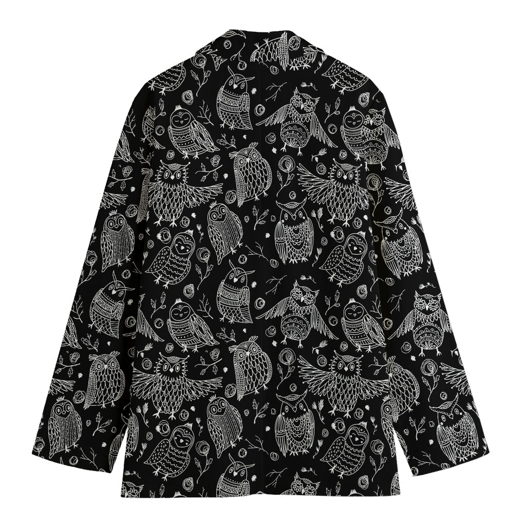Black And White Owl Pattern Print Women's Cotton Blazer