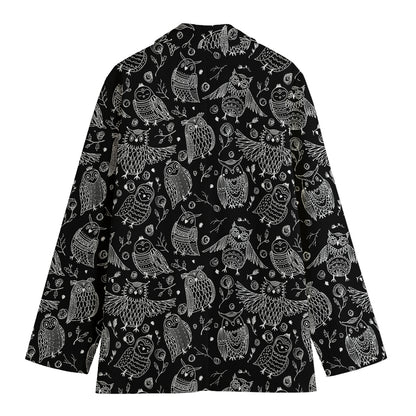 Black And White Owl Pattern Print Women's Cotton Blazer