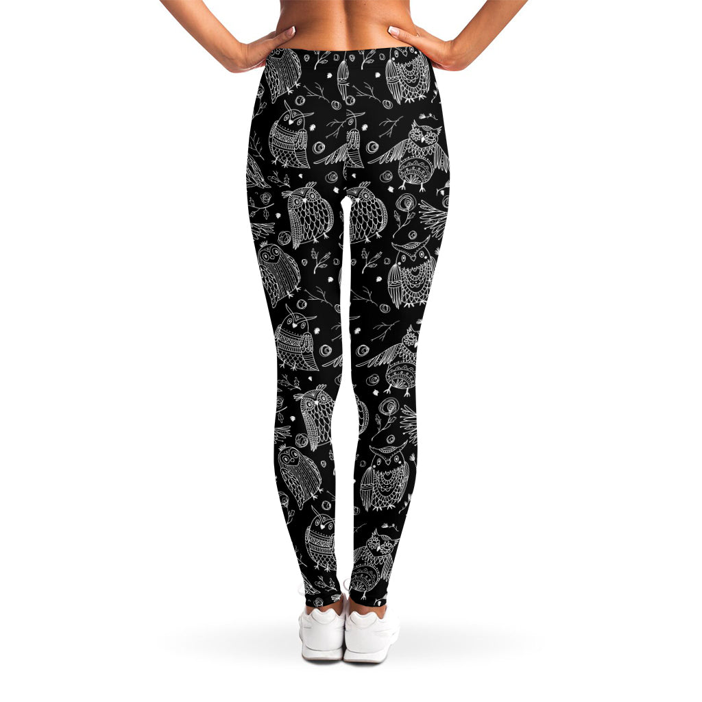 Black And White Owl Pattern Print Women's Leggings
