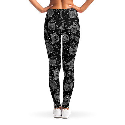 Black And White Owl Pattern Print Women's Leggings