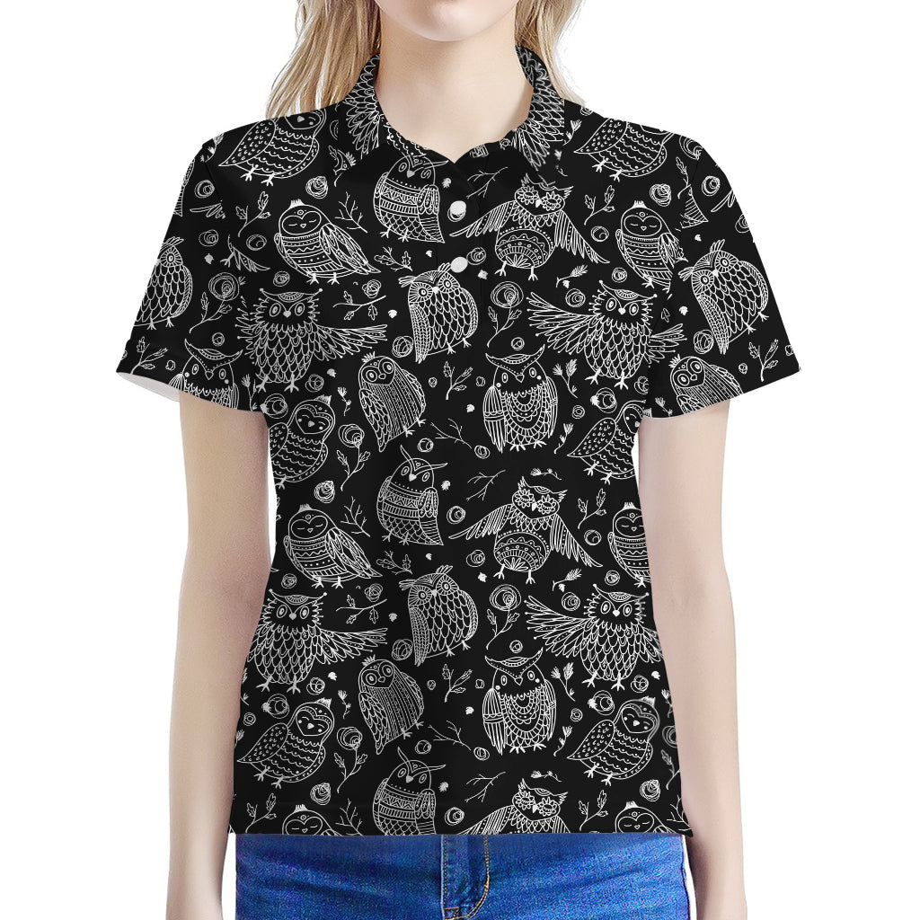 Black And White Owl Pattern Print Women's Polo Shirt