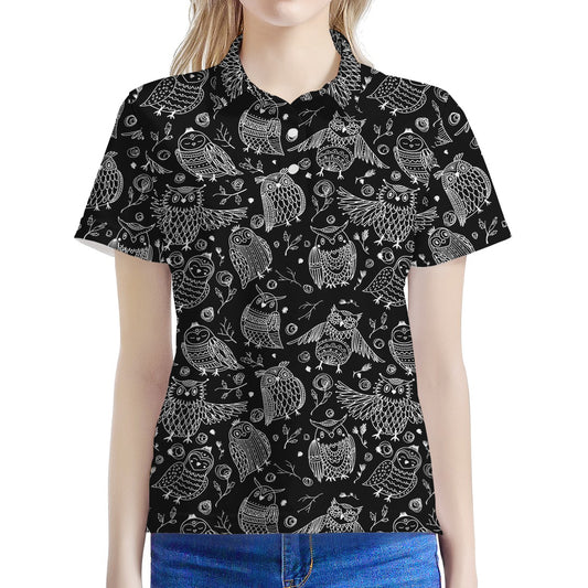 Black And White Owl Pattern Print Women's Polo Shirt