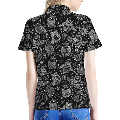 Black And White Owl Pattern Print Women's Polo Shirt