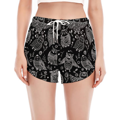 Black And White Owl Pattern Print Women's Split Running Shorts